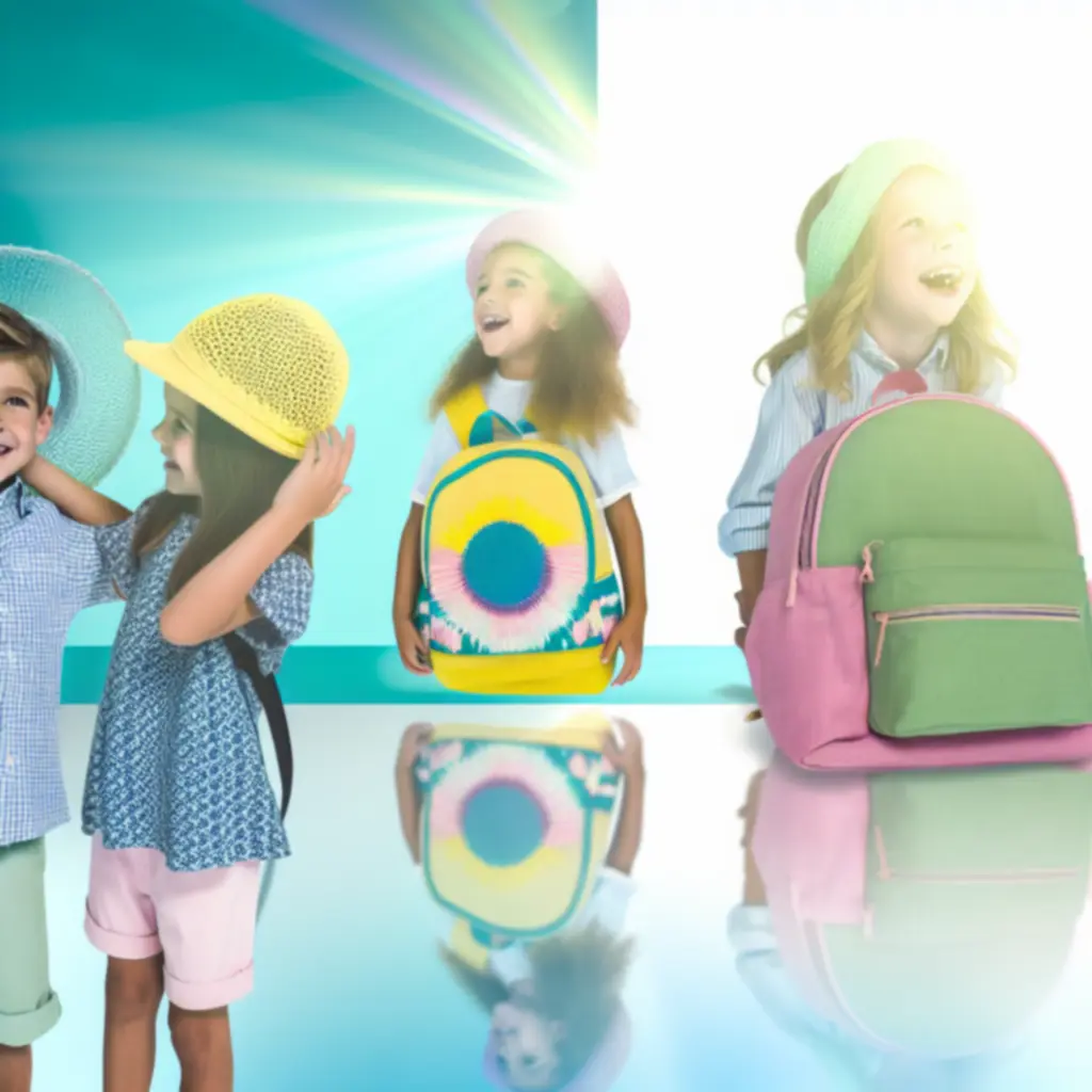 Colourful kids accessories including hats, bags and hair ties arranged playfully