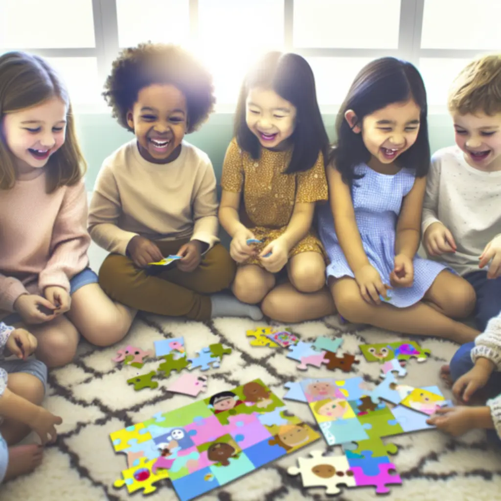 Children working together on colourful learning puzzles