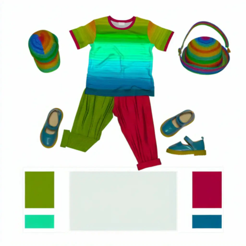 Flatlay of colourful children's outfits including tops, bottoms and accessories