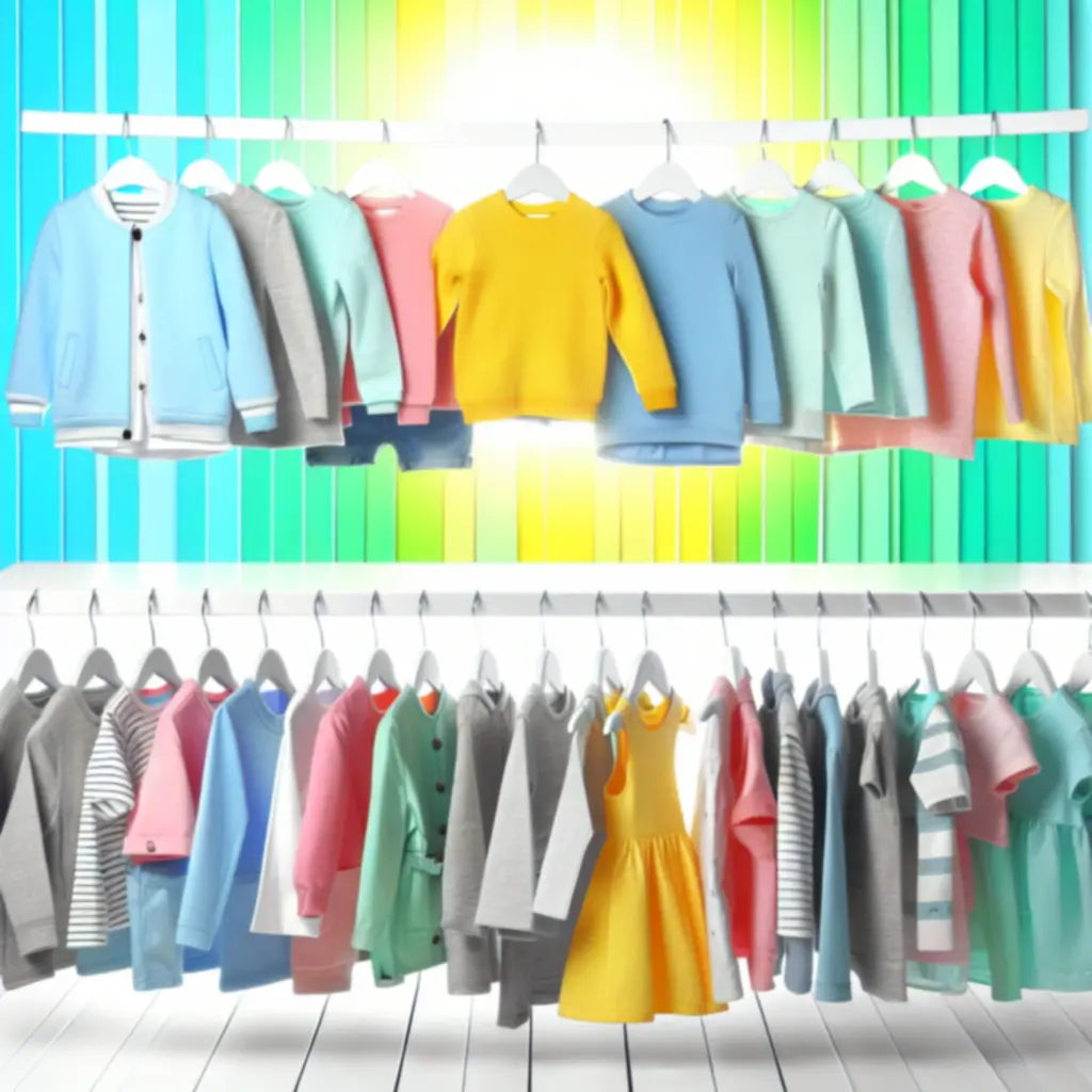 Colourful seasonal kids clothing pieces neatly displayed