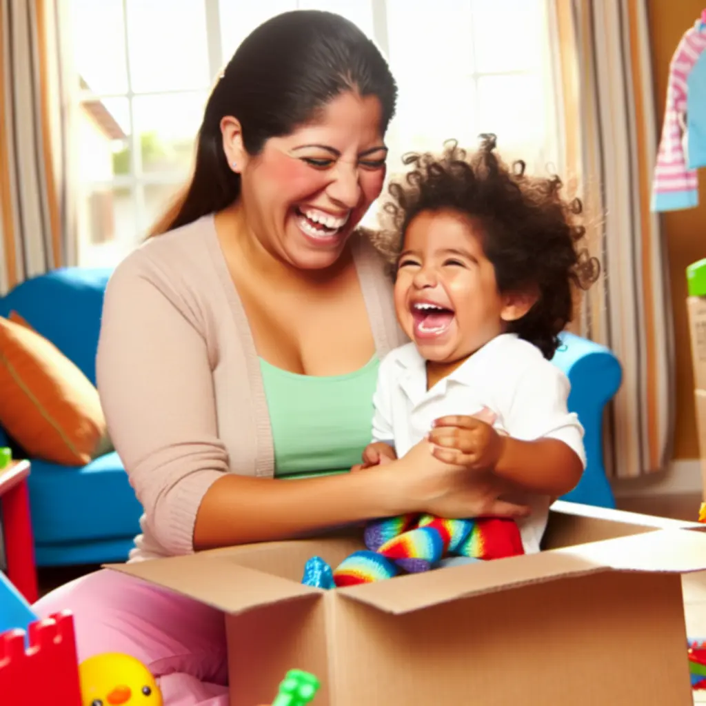 Smiling mum with her child enjoying toys at home