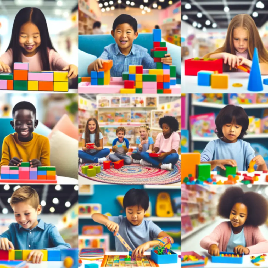Colourful educational toys neatly arranged on shelves