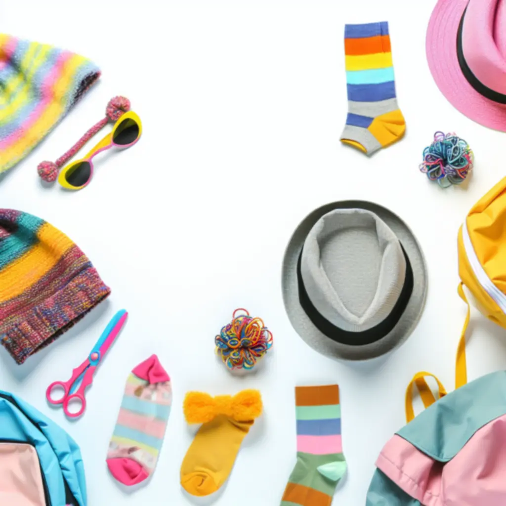 Display of colourful children’s accessories including hats, backpacks and hair accessories