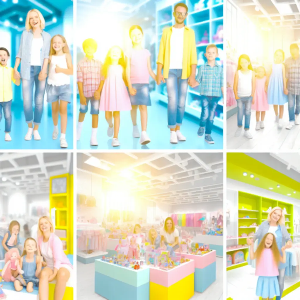 Children joyfully shopping for toys and clothes