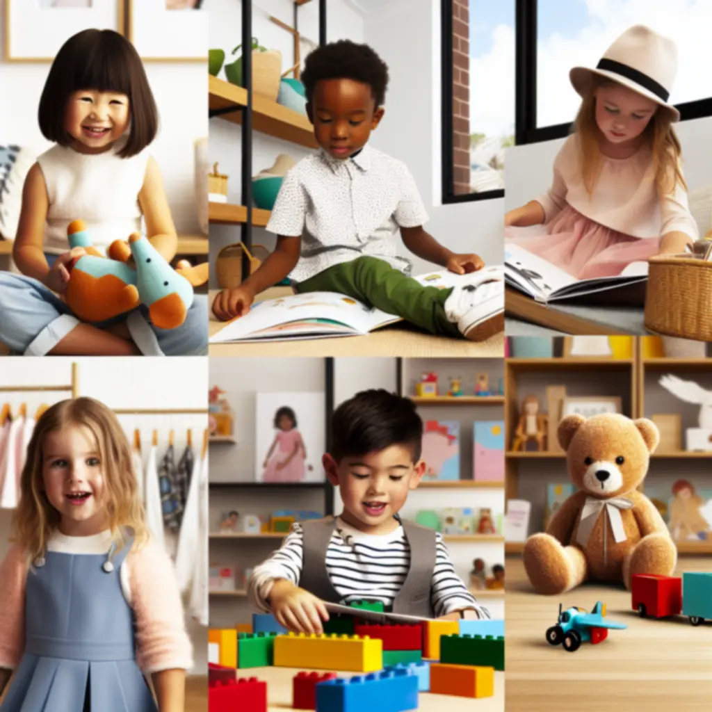 Children happily shopping for toys, clothing and learning products