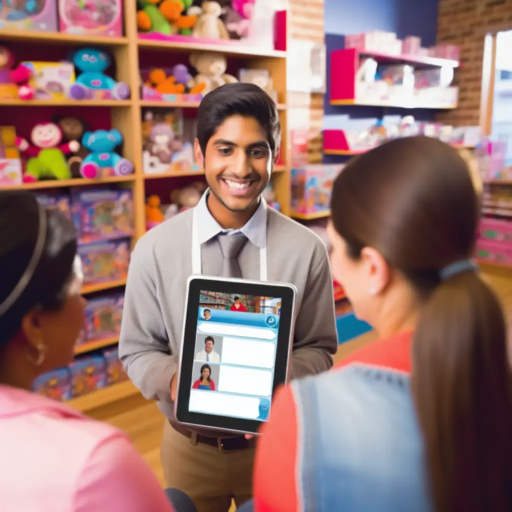 Parent chatting with support while browsing kids' toys online