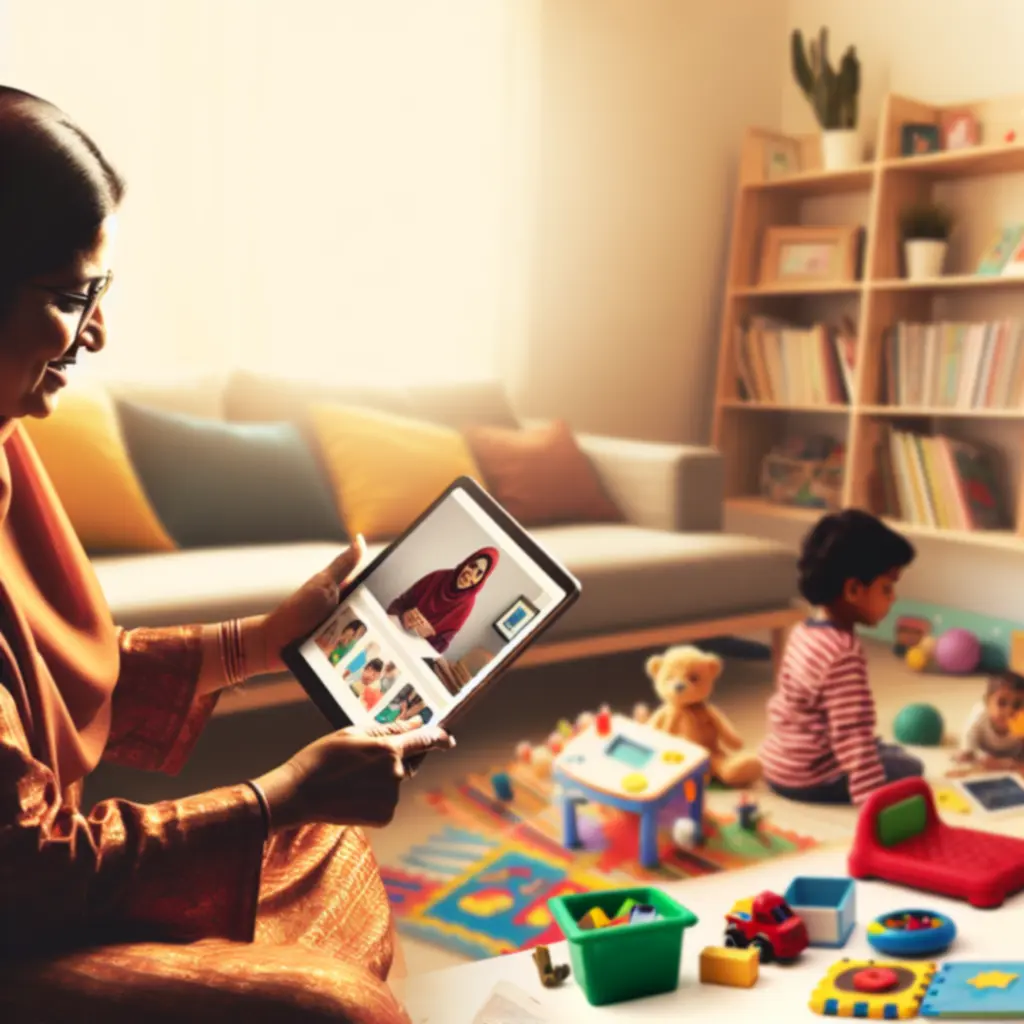 Parent browsing educational products on a tablet while a child plays nearby