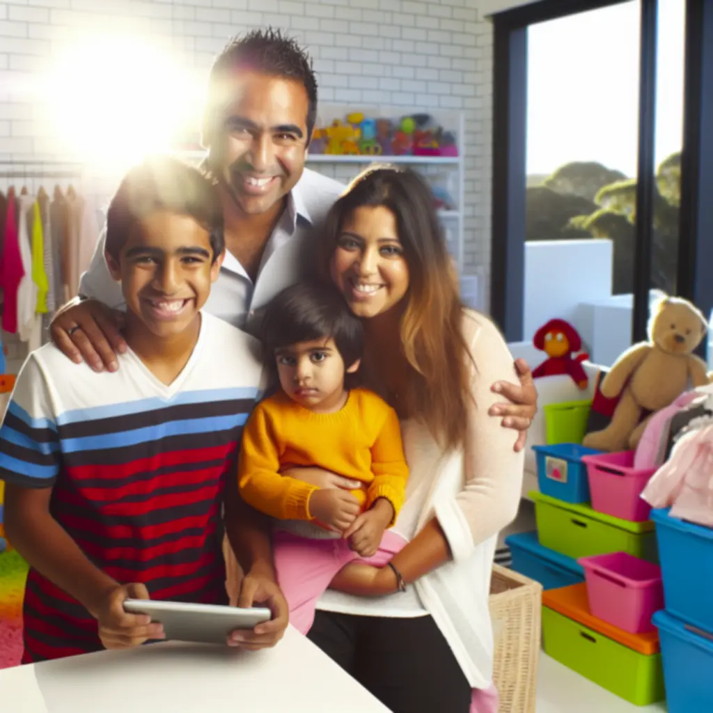 Smiling parent and children shopping together online
