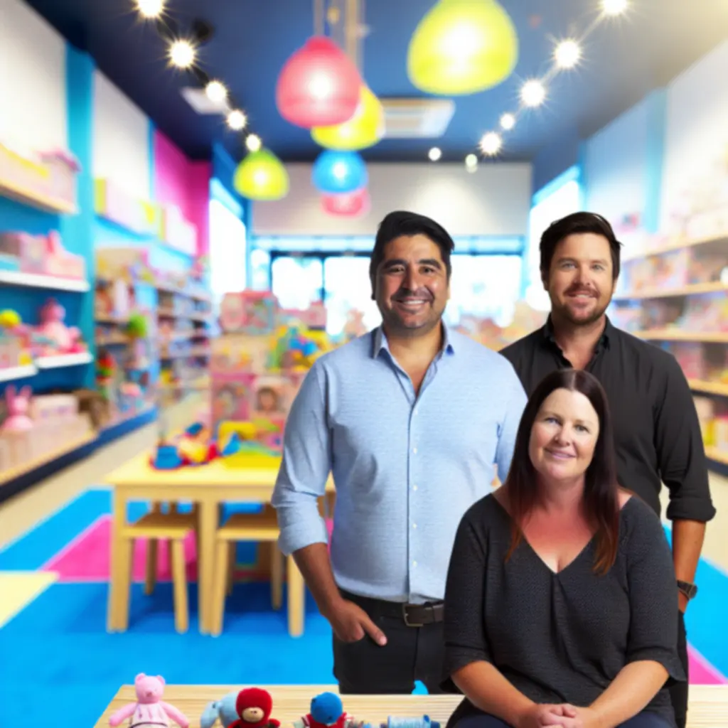 Kidshopeora founders smiling together in a bright, playful studio
